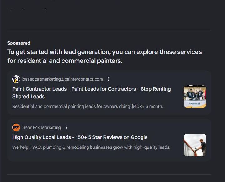 Google AI Mode answer to Best lead generation company for painters, showing a Sponsored heading and two advertiser cards inside the answer.