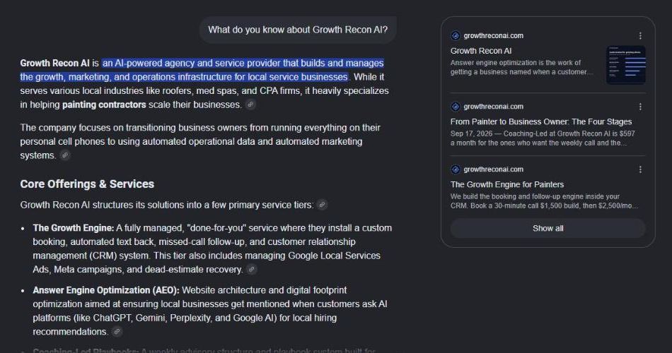 Google AI Mode answer to What do you know about Growth Recon AI, with three growthreconai.com pages in the source panel.