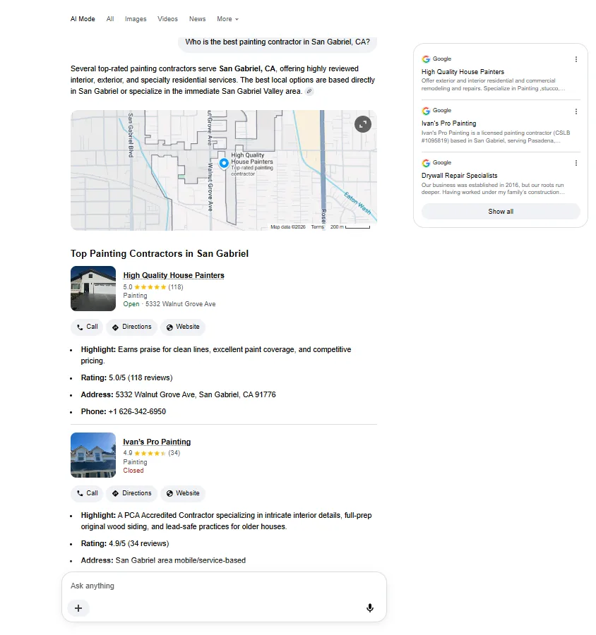 Google AI Mode on “Who is the best painting contractor in San Gabriel, CA?”. The client is the second contractor listed, with the licence number pulled through into the sources panel.