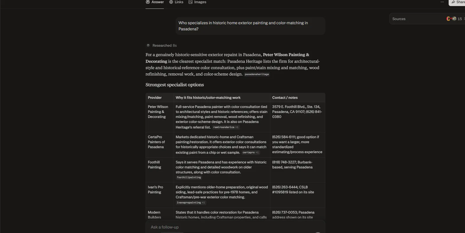 Perplexity on “Who specializes in historic home exterior painting and color-matching in Pasadena?”. The client is in the specialist table, cited to the site, with the detail the answer engine pages were written to carry.