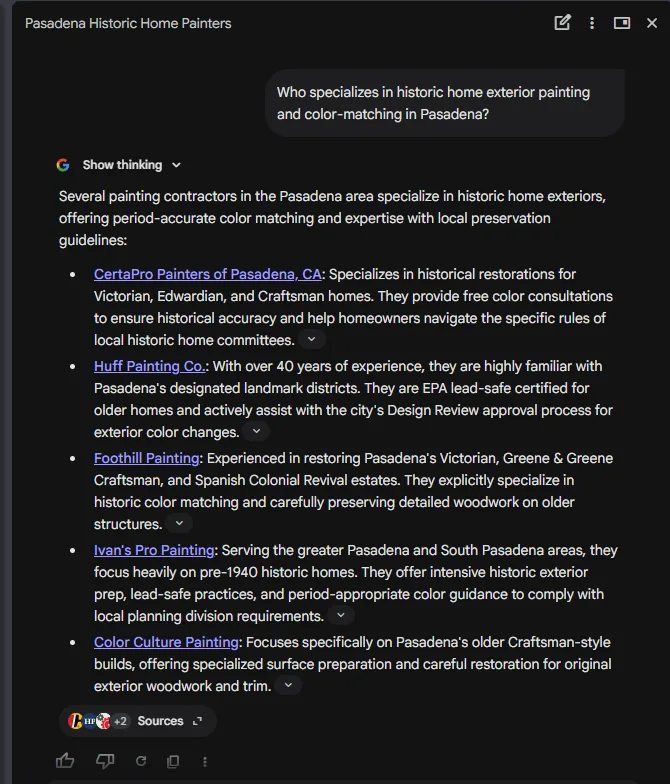 Gemini on the same historic-Pasadena question, listing the client among five specialists with a link through to the site. Four different assistants, four different answers, and none of them was asked about the client by name.