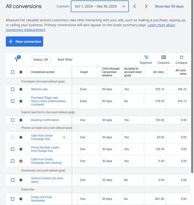 Every conversion action in the account for year one. Website sale is the booking. The page-load purchase under it runs alongside as a secondary action the account leaves out of its goals, so we leave it out too.