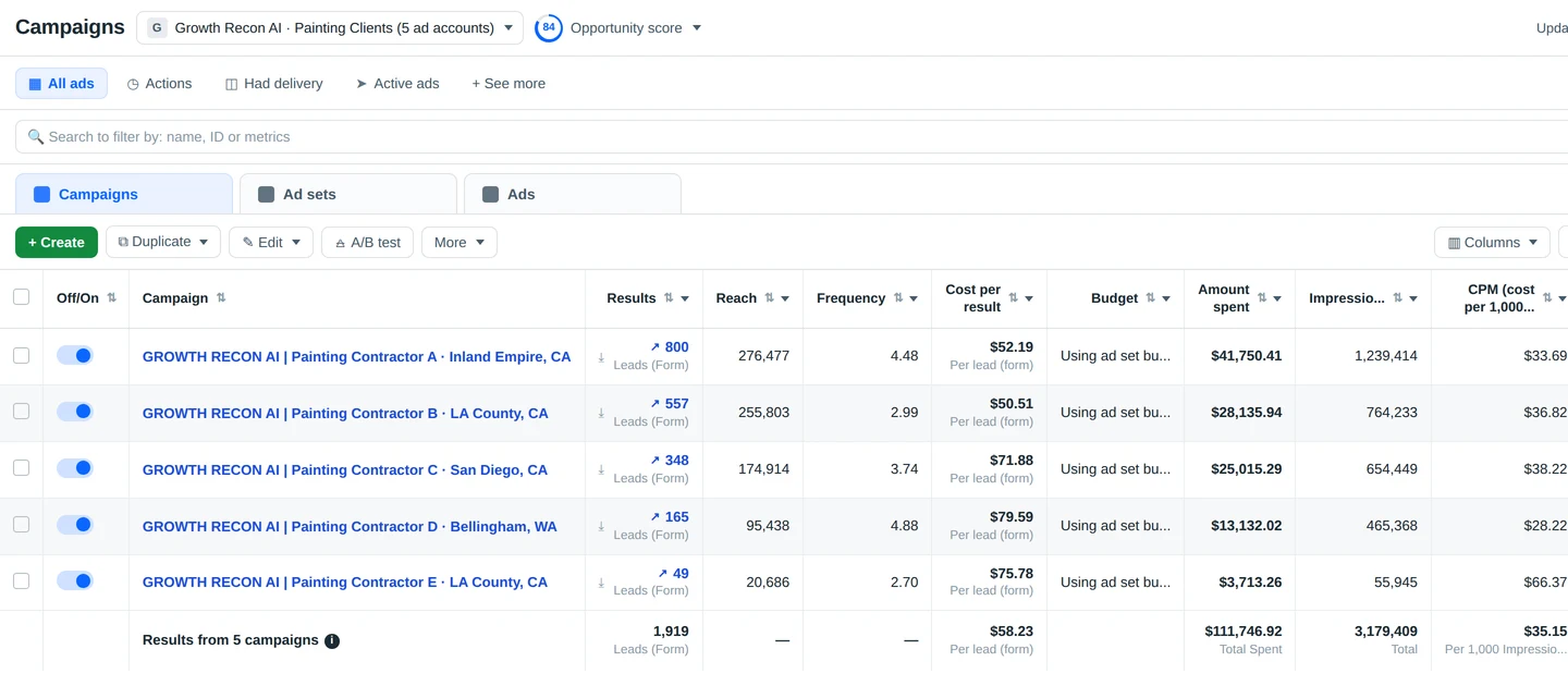 Meta leads, painting, GRAI campaigns, all time: 1,919 leads · $111,747 spend · $58.23 CPL. Painting · Meta.