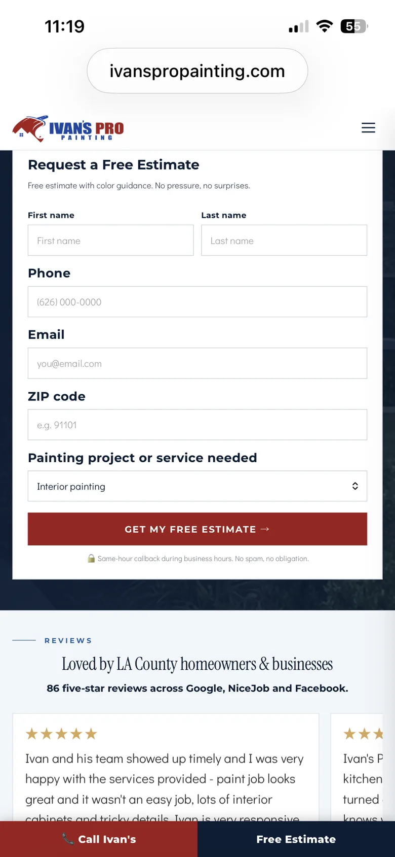 Ivan's Pro Painting: Further down the same phone: the estimate form, the same-hour callback line under the button, and the reviews block the page leads with