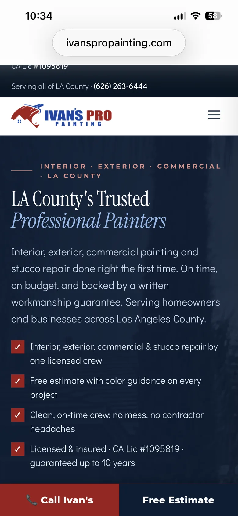 Ivan's Pro Painting: The same site on a phone, with the licence number, the call button and the estimate button all within thumb reach