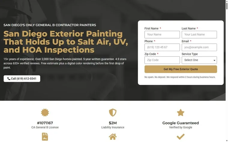 Full exterior painting landing page: estimate form, HOA and licensing detail, cost table and service area coverage