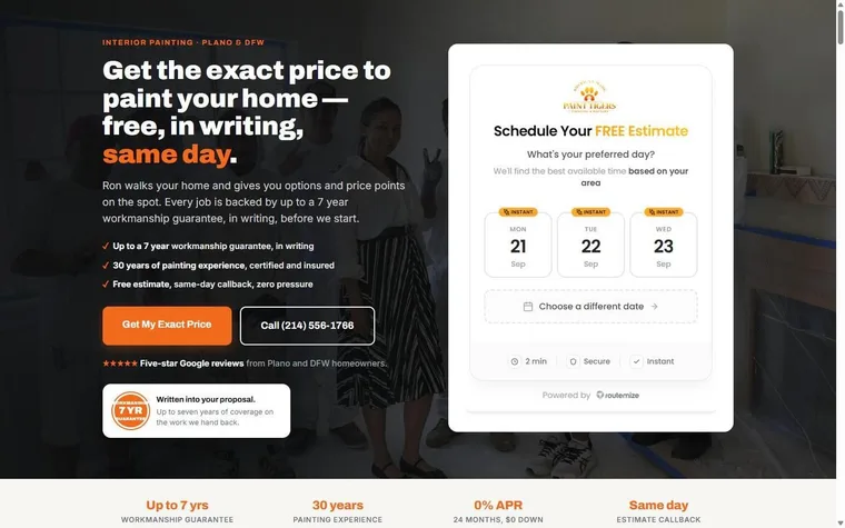 Full interior painting landing page: same-day written price, workmanship guarantee, finished rooms, crew photos and reviews