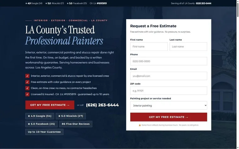Full page of a painting contractor website built for LA County: services, project photos, written guarantee and a free estimate form