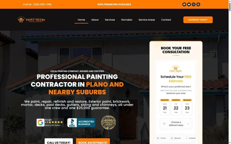Full page of a painting contractor website built for Plano: interior, exterior and HOA services, reviews, service area map and a booking form