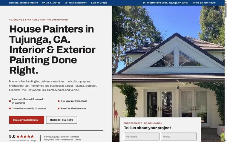 Full page of a painting contractor website built for Tujunga: residential and commercial services, project gallery, reviews and an estimate form